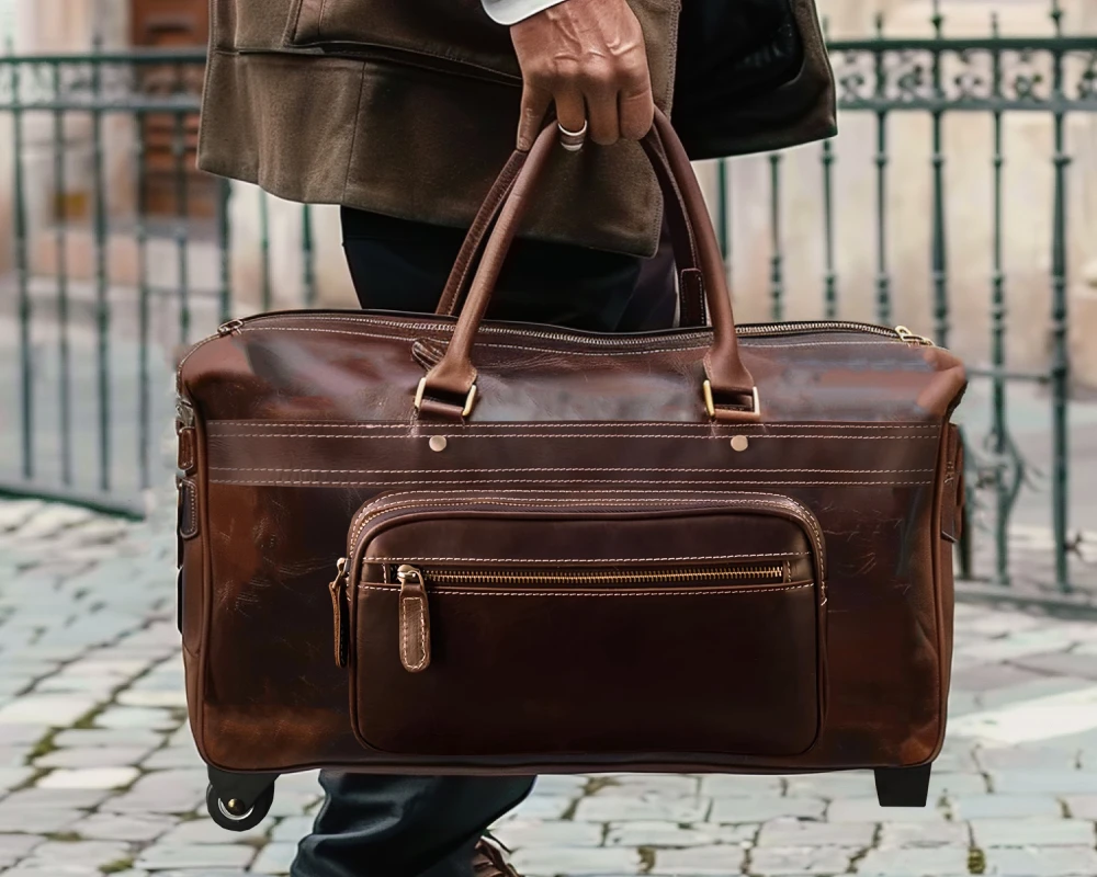 leather carry on bag with wheels